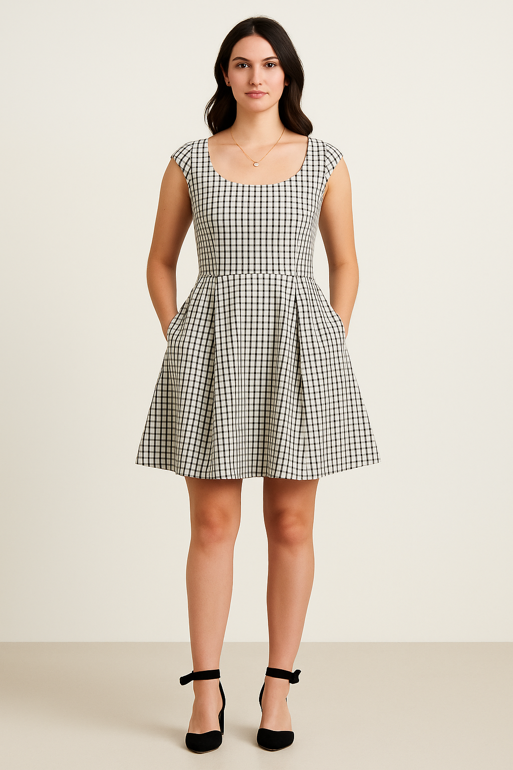 Woman wearing a black gingham dress on a white background