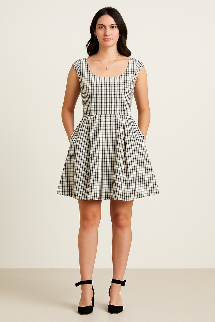 Woman wearing a black gingham dress on a white background