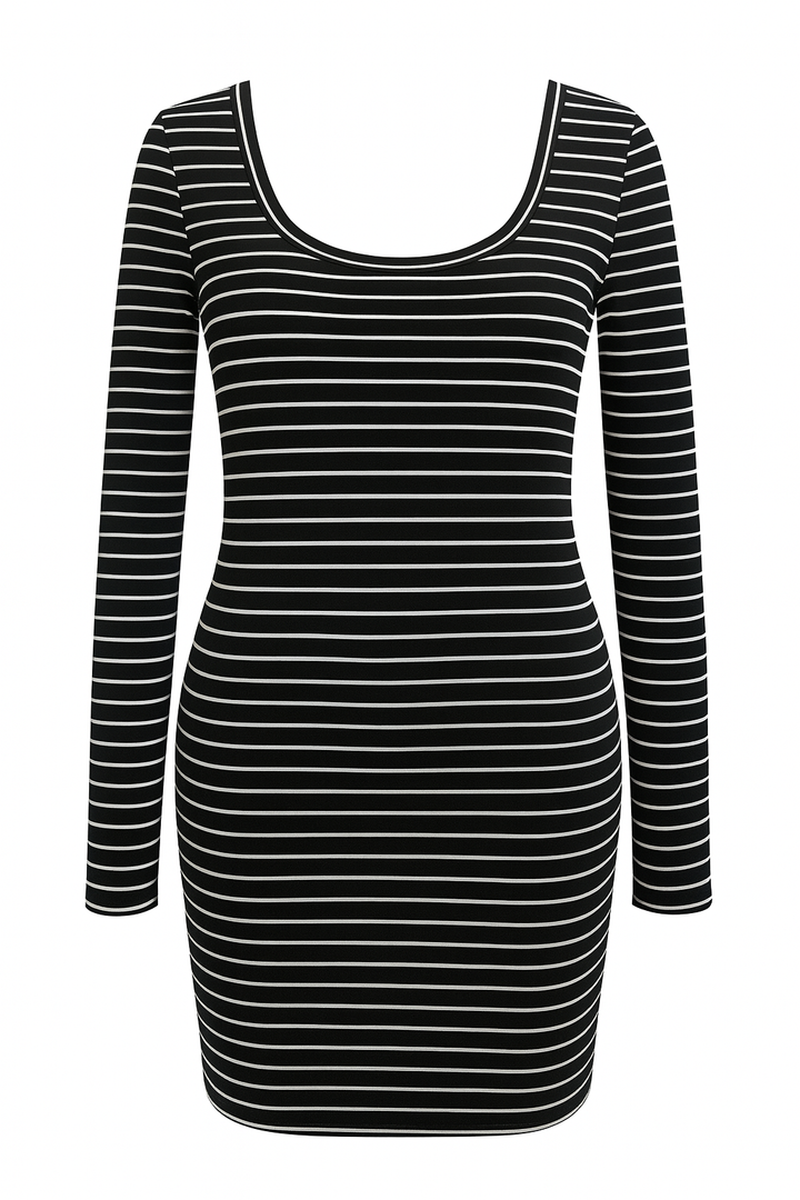 Black and white striped long-sleeve dress on a white background