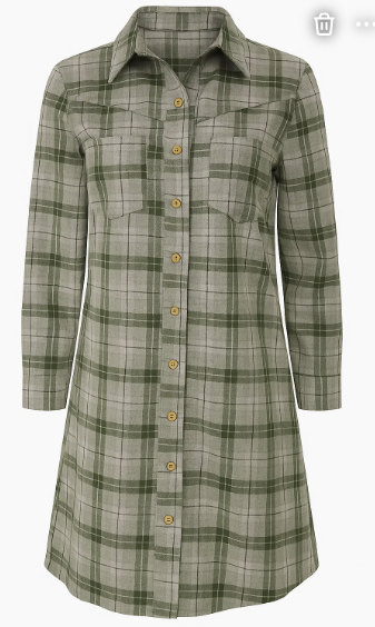 Green plaid shirt dress with button details on a white background