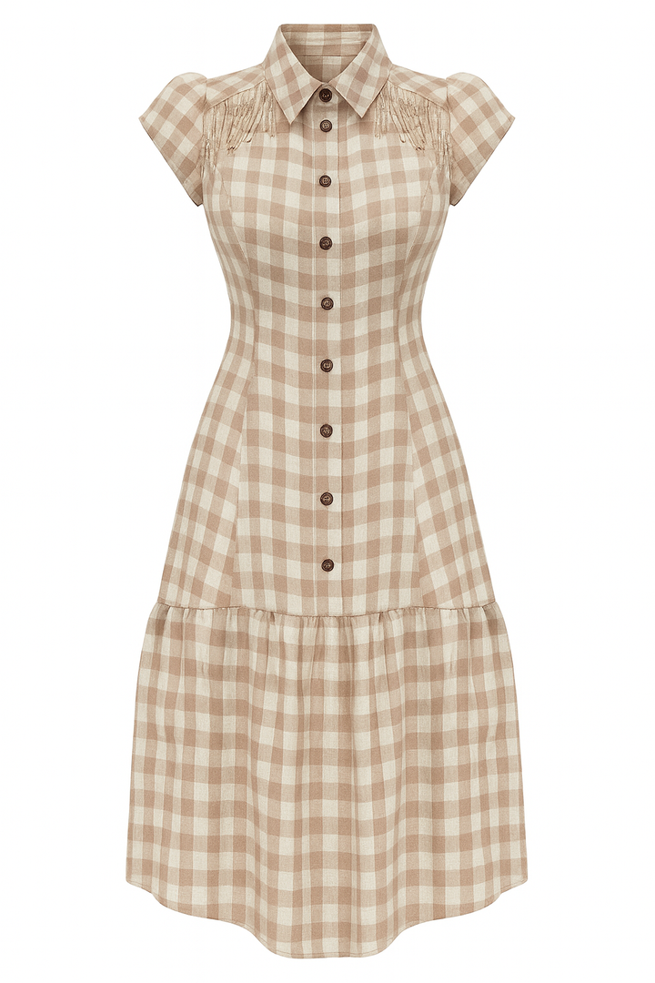 PECAN GINGHAM DRESS WITH WHITE BACKGROUND