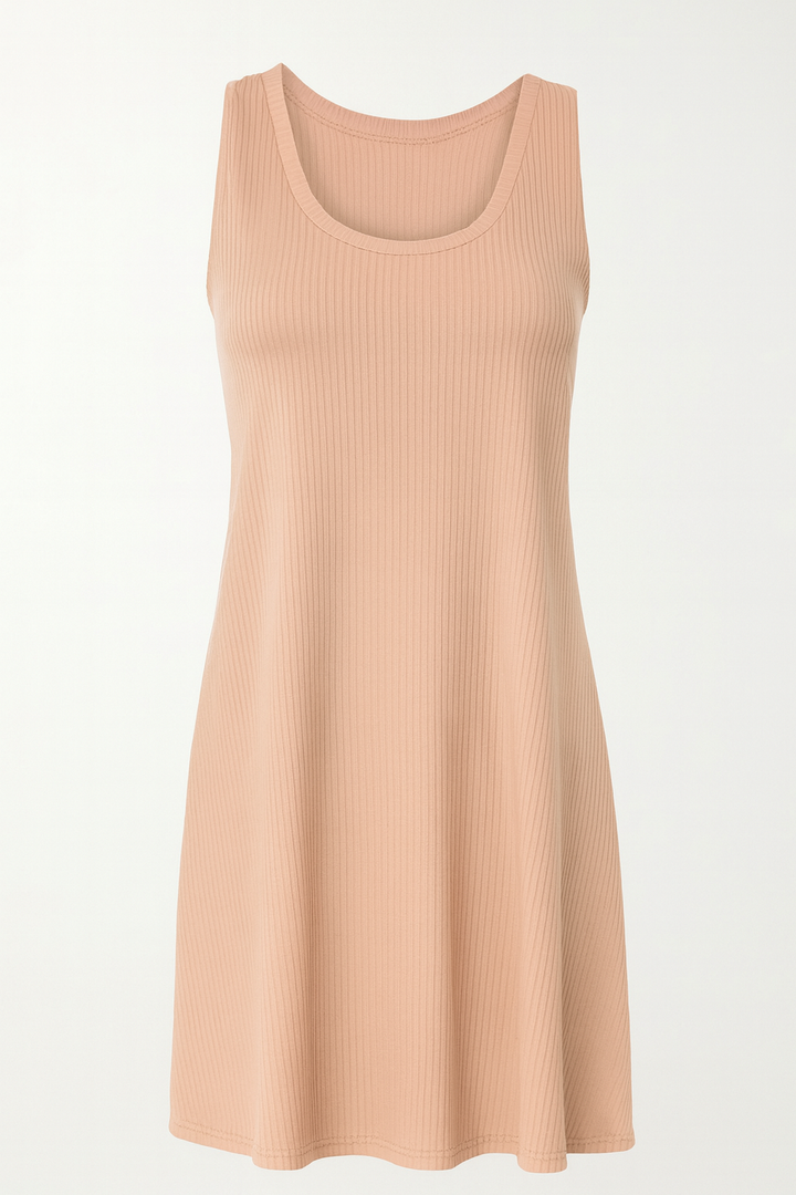 Beige sleeveless dress on a  white
background