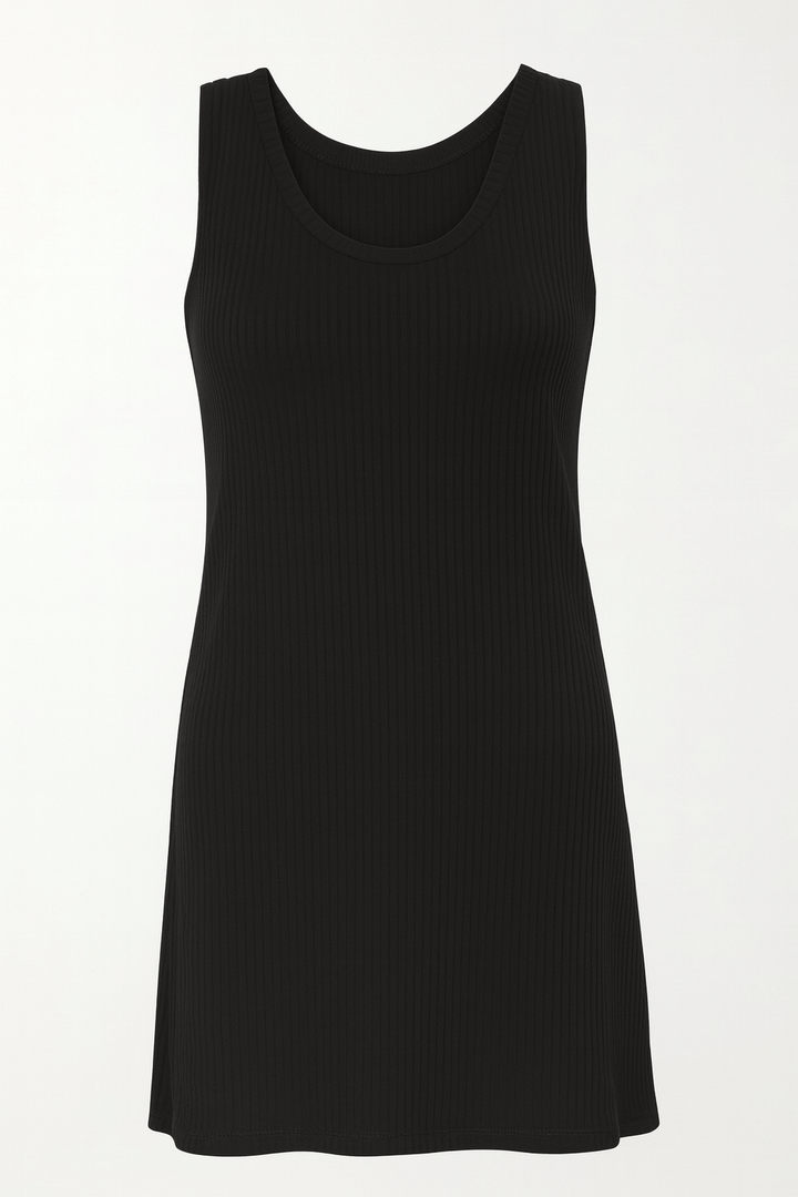 Black sleeveless tank dress on a white background