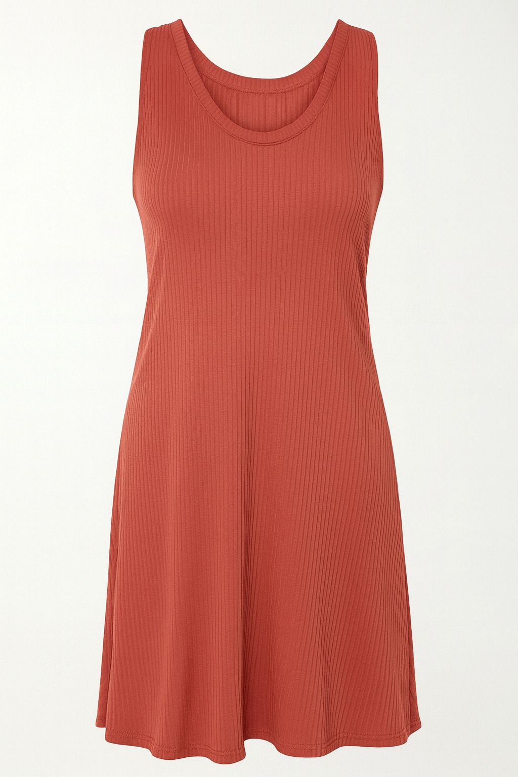 Rust ribbed tank dress on a white background