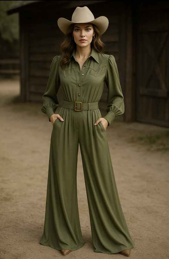 Woman wearing a green outfit and beige cowboy hat in a rustic setting
