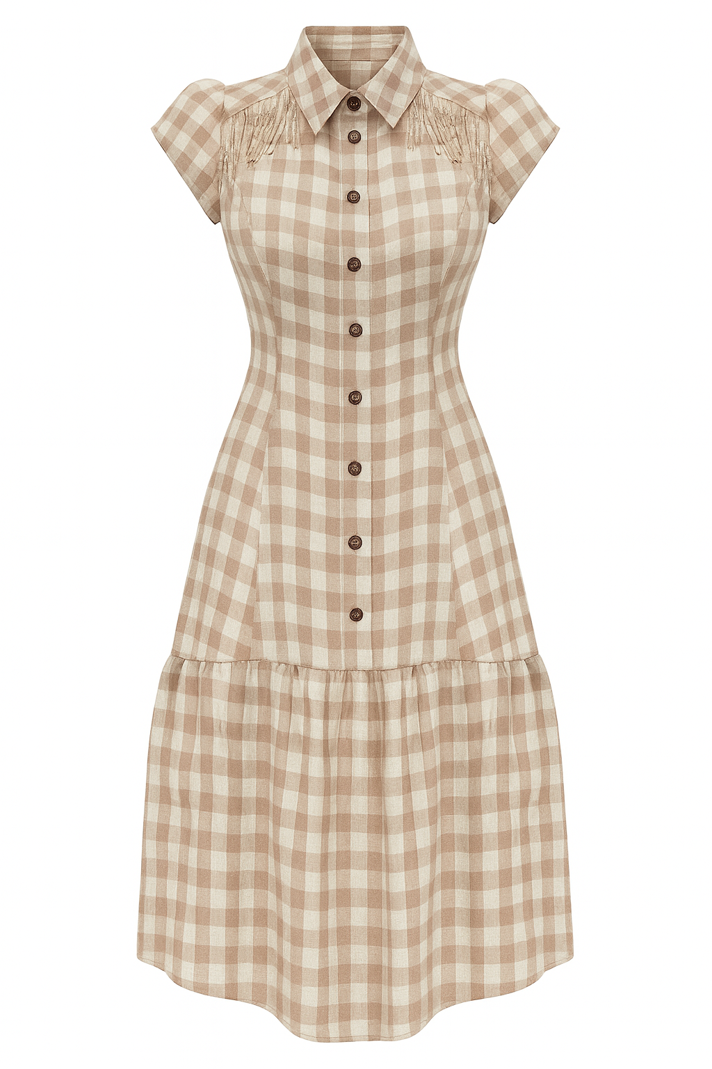 PECAN GINGHAM DRESS WITH WHITE BACKGROUND