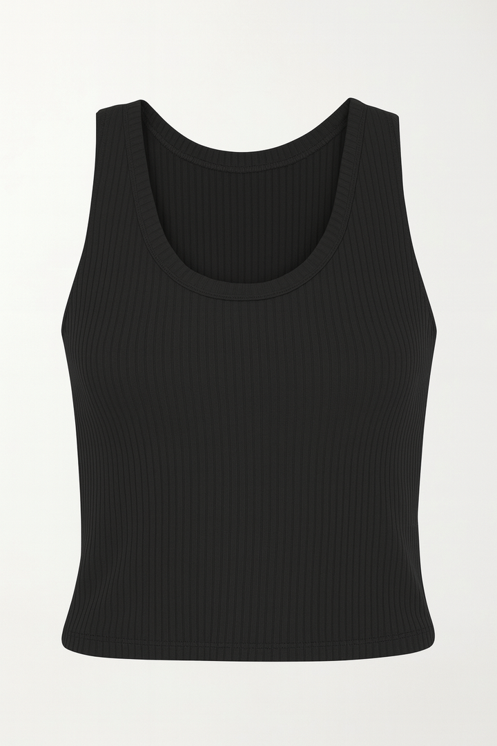 Black ribbed tank top on white background